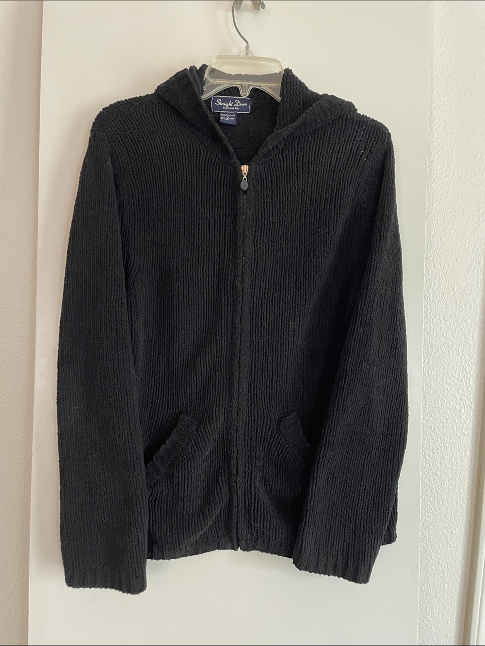 Black Chenille Hooded Zip Up Cardigan Sweater Knit